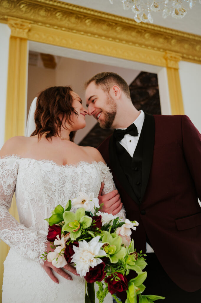 Bride and Groom in castle ballroom wedding reception in Southeast Idaho