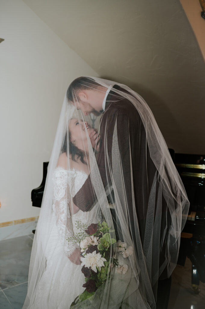 Dramatic veil shot on castle staircase in Southeast Idaho