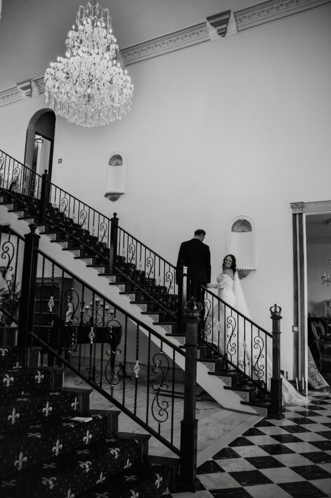 Bride and groom portrait at Castle Nottingham staircase