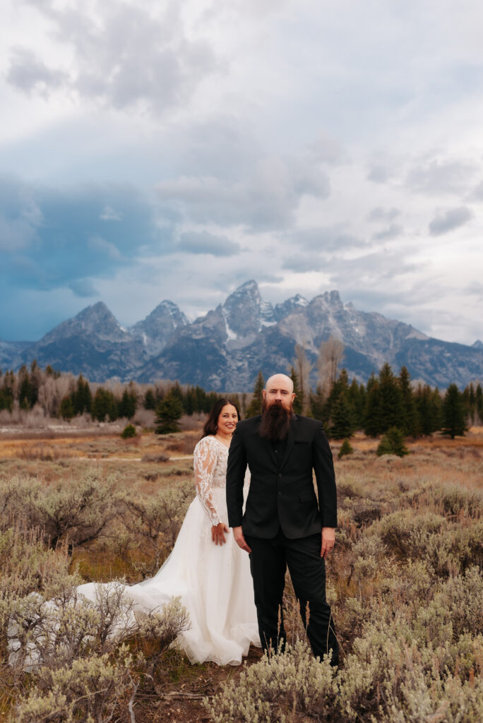 fall bridal session Tetons golden grass mountain reflection