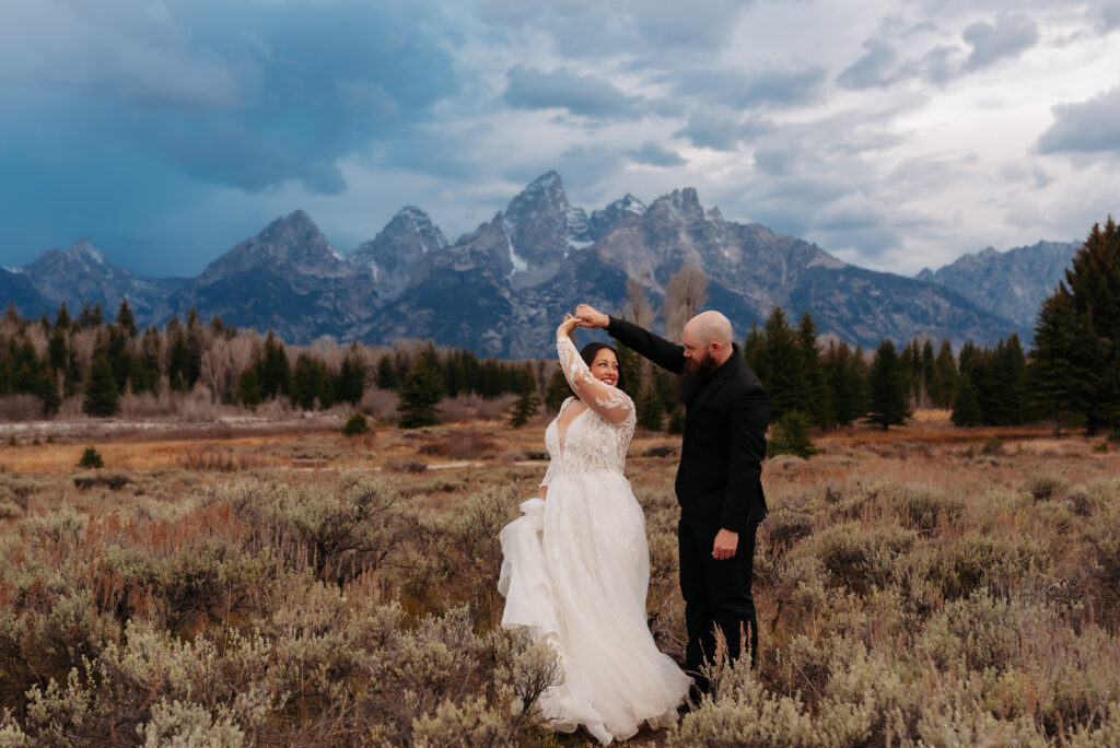fall bridal session Tetons golden grass mountain reflection