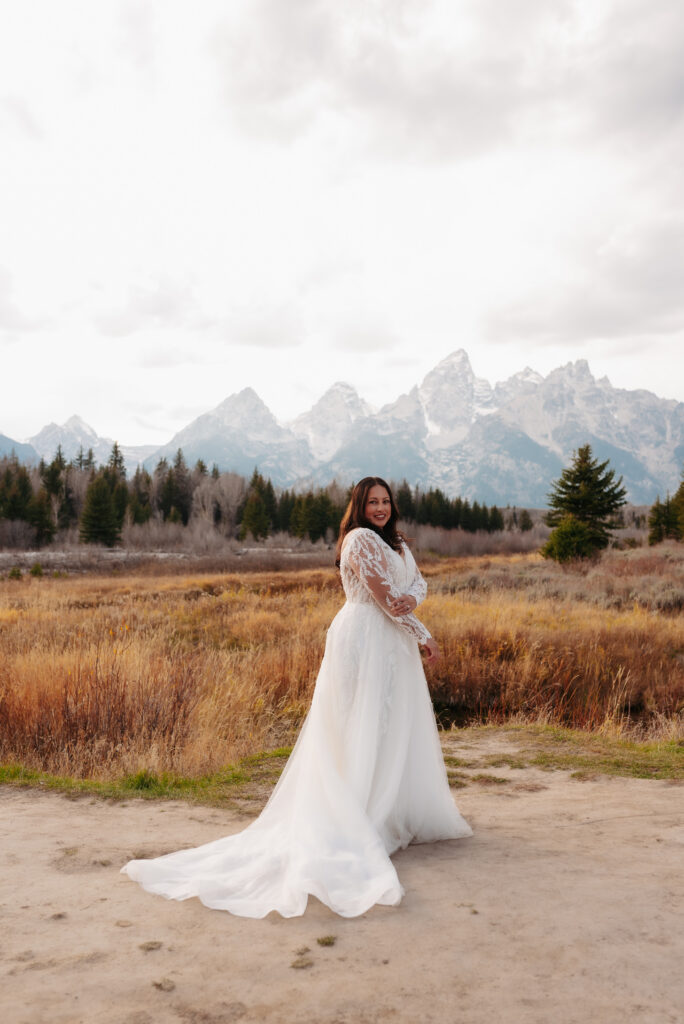 bride at Schwabacher Landing in Grand Teton National Park during October
