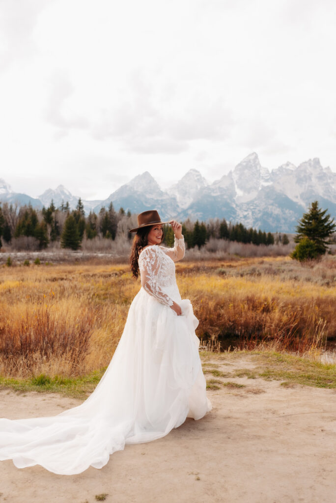 bride at Schwabacher Landing in Grand Teton National Park during October